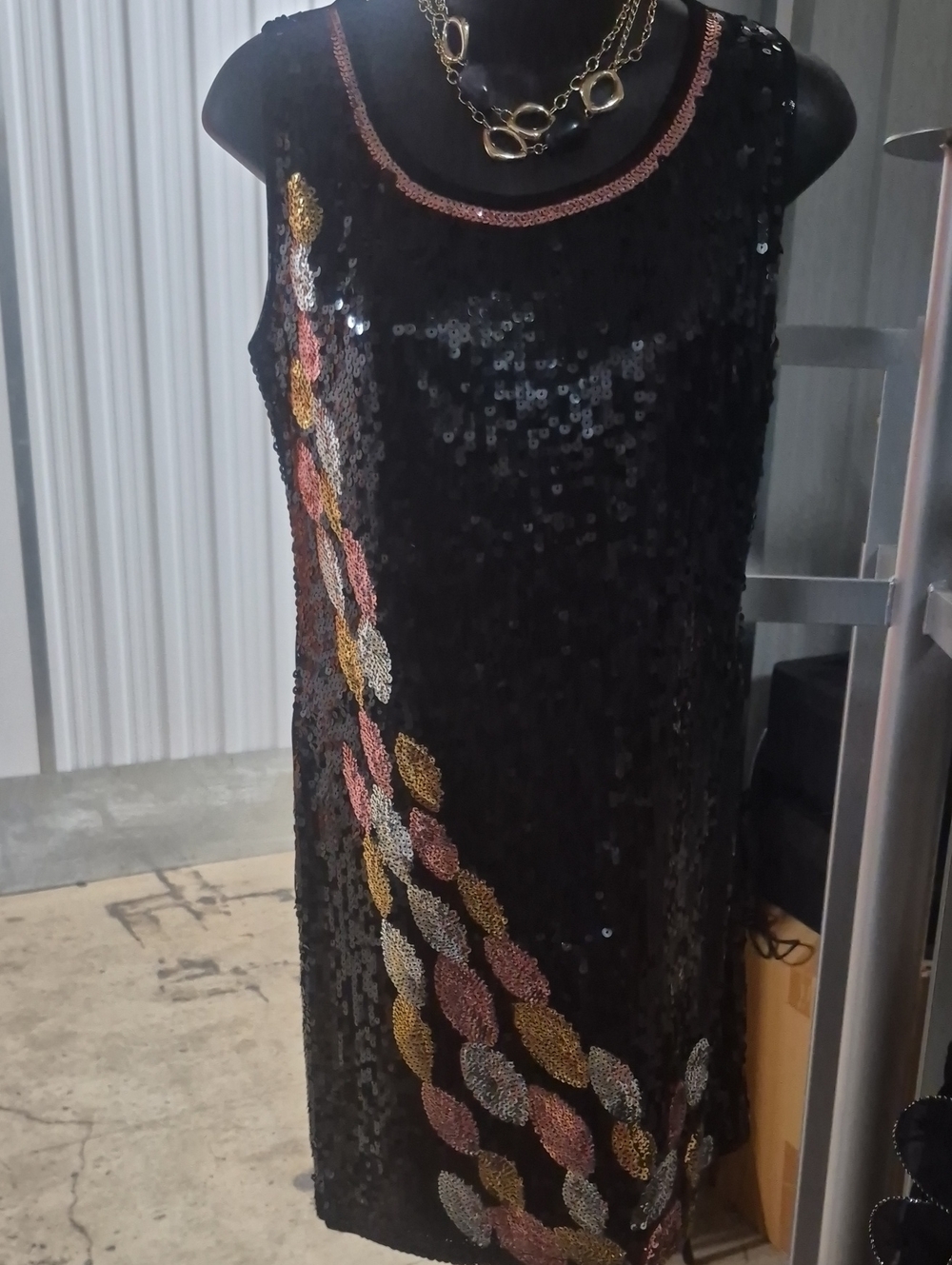Black Sequin Sleeveless Party Dress with Metallic Leaf Accent